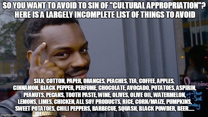 Roll Safe Think About It Meme | SO YOU WANT TO AVOID TO SIN OF "CULTURAL APPROPRIATION"? HERE IS A LARGELY INCOMPLETE LIST OF THINGS TO AVOID; SILK, COTTON, PAPER, ORANGES, PEACHES, TEA, COFFEE, APPLES, CINNAMON, BLACK PEPPER, PERFUME, CHOCOLATE, AVOCADO, POTATOES, ASPIRIN, PEANUTS, PECANS, TOOTH PASTE, WINE, OLIVES, OLIVE OIL, WATERMELON, LEMONS, LIMES, CHICKEN, ALL SOY PRODUCTS, RICE, CORN/MAIZE, PUMPKINS, SWEET POTATOES, CHILI PEPPERS, BARBECUE, SQUASH, BLACK POWDER, BEER..... | image tagged in memes,roll safe think about it | made w/ Imgflip meme maker