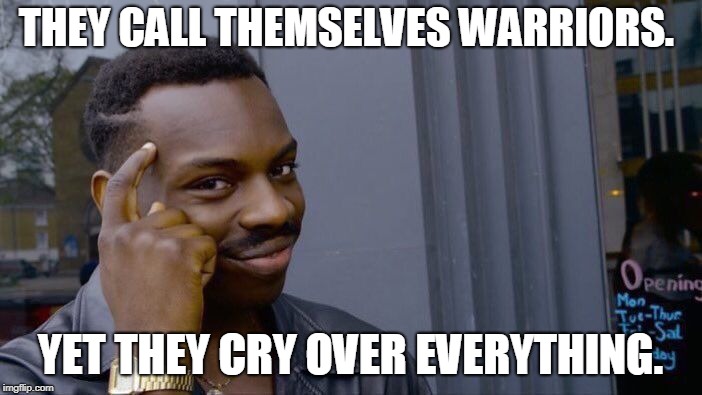 Roll Safe Think About It Meme | THEY CALL THEMSELVES WARRIORS. YET THEY CRY OVER EVERYTHING. | image tagged in memes,roll safe think about it | made w/ Imgflip meme maker