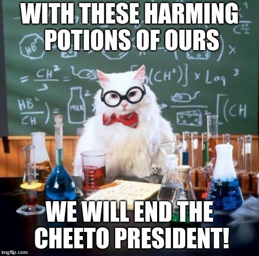 Chemistry Cat | WITH THESE HARMING POTIONS OF OURS; WE WILL END THE CHEETO PRESIDENT! | image tagged in memes,chemistry cat | made w/ Imgflip meme maker