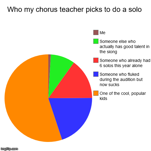 Who my chorus teacher picks to do a solo | One of the cool, popular kids, Someone who fluked during the audition but now sucks, Someone who  | image tagged in funny,pie charts | made w/ Imgflip chart maker