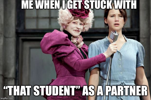 Hunger Games | ME WHEN I GET STUCK WITH; “THAT STUDENT” AS A PARTNER | image tagged in hunger games | made w/ Imgflip meme maker