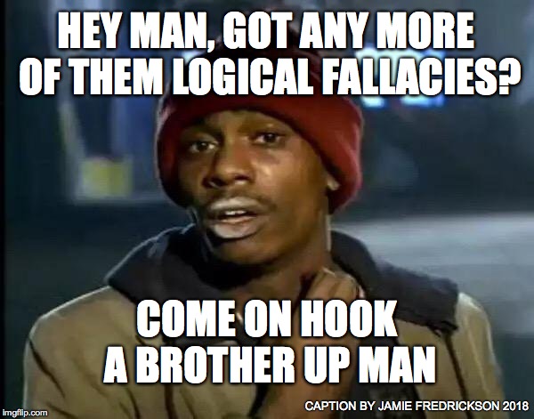 Y'all Got Any More Of That | HEY MAN, GOT ANY MORE OF THEM LOGICAL FALLACIES? COME ON HOOK A BROTHER UP MAN; CAPTION BY JAMIE FREDRICKSON 2018 | image tagged in memes,y'all got any more of that | made w/ Imgflip meme maker