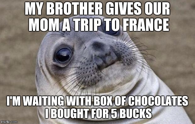 Awkward Moment Sealion | MY BROTHER GIVES OUR MOM A TRIP TO FRANCE; I'M WAITING WITH BOX OF CHOCOLATES I BOUGHT FOR 5 BUCKS | image tagged in memes,awkward moment sealion | made w/ Imgflip meme maker