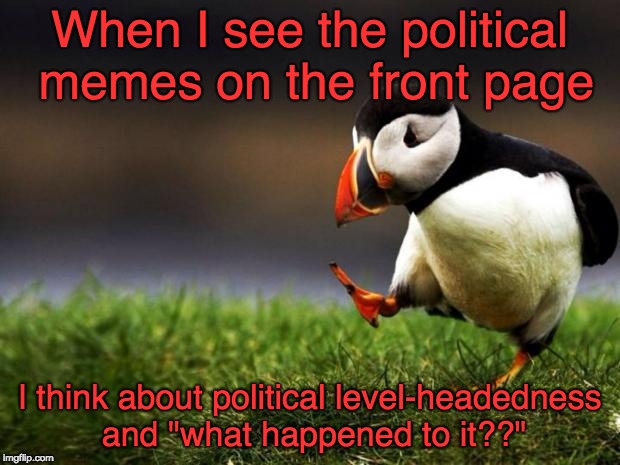 I'm sorry, but the popular political memes these days are just unexplained ad hominem fallacies | When I see the political memes on the front page; I think about political level-headedness and "what happened to it??" | image tagged in memes,unpopular opinion puffin | made w/ Imgflip meme maker