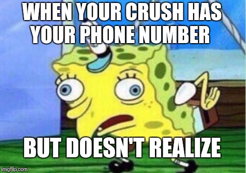 Mocking Spongebob Meme | WHEN YOUR CRUSH HAS YOUR
PHONE NUMBER; BUT DOESN'T REALIZE | image tagged in memes,mocking spongebob | made w/ Imgflip meme maker