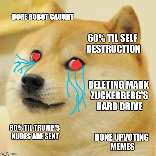 Doge Meme | DOGE ROBOT CAUGHT; 60% TIL SELF DESTRUCTION; DELETING MARK ZUCKERBERG'S HARD DRIVE; 80% TIL TRUMP'S NUDES ARE SENT; DONE UPVOTING MEMES | image tagged in memes,doge,zucc | made w/ Imgflip meme maker