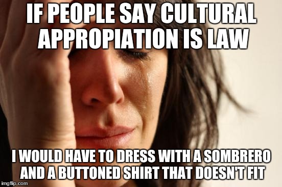First World Problems Meme | IF PEOPLE SAY CULTURAL APPROPIATION IS LAW; I WOULD HAVE TO DRESS WITH A SOMBRERO AND A BUTTONED SHIRT THAT DOESN'T FIT | image tagged in memes,first world problems,cultural appropriation | made w/ Imgflip meme maker