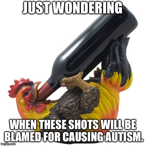 Everything is getting blamed for autism | JUST WONDERING; WHEN THESE SHOTS WILL BE BLAMED FOR CAUSING AUTISM. | image tagged in drunk rooster,memes,shots,autism,doctor,drinking | made w/ Imgflip meme maker