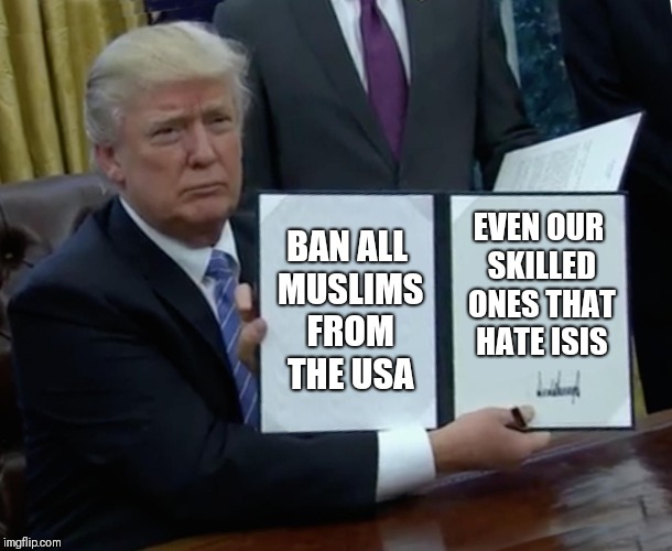 Because hating all Muslims solves everything. Even the ones who hate isis | BAN ALL MUSLIMS FROM THE USA; EVEN OUR SKILLED ONES THAT HATE ISIS | image tagged in memes,trump bill signing,islam,muslim | made w/ Imgflip meme maker