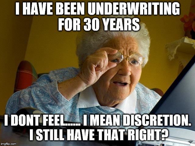 Grandma Finds The Internet Meme | I HAVE BEEN UNDERWRITING FOR 30 YEARS; I DONT FEEL...... I MEAN DISCRETION. I STILL HAVE THAT RIGHT? | image tagged in memes,grandma finds the internet | made w/ Imgflip meme maker