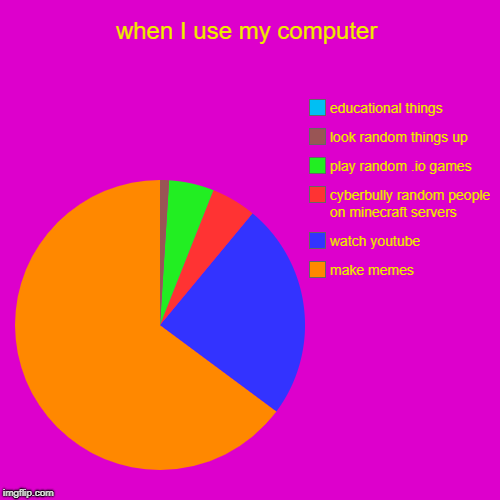 when I use my computer | make memes, watch youtube, cyberbully random people on minecraft servers, play random .io games, look random things | image tagged in funny,pie charts | made w/ Imgflip chart maker