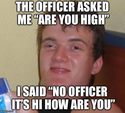 10 Guy Meme |  THE OFFICER ASKED ME “ARE YOU HIGH”; I SAID “NO OFFICER IT’S HI HOW ARE YOU” | image tagged in memes,10 guy | made w/ Imgflip meme maker