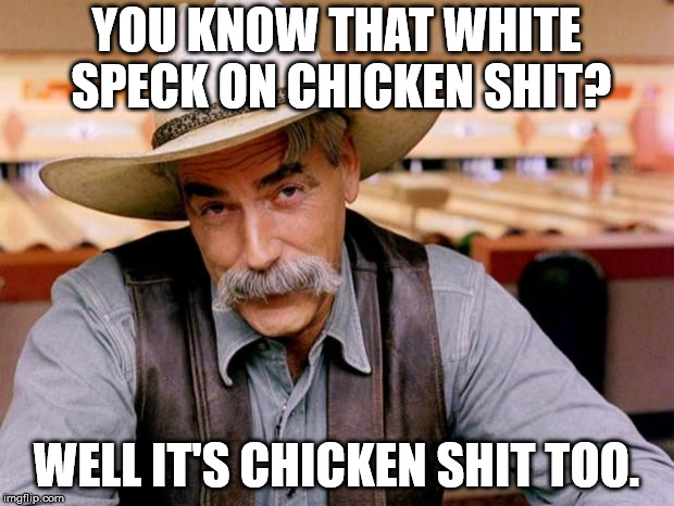 Sam Elliott | YOU KNOW THAT WHITE SPECK ON CHICKEN SHIT? WELL IT'S CHICKEN SHIT TOO. | image tagged in sam elliott | made w/ Imgflip meme maker