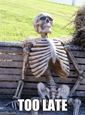 Waiting Skeleton Meme | TOO LATE | image tagged in memes,waiting skeleton | made w/ Imgflip meme maker