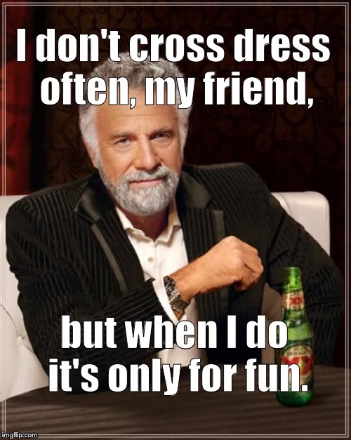The Most Interesting Man In The World Meme | I don't cross dress often, my friend, but when I do it's only for fun. | image tagged in memes,the most interesting man in the world | made w/ Imgflip meme maker