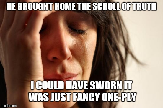First World Problems Meme | HE BROUGHT HOME THE SCROLL OF TRUTH; I COULD HAVE SWORN IT WAS JUST FANCY ONE-PLY | image tagged in memes,first world problems | made w/ Imgflip meme maker