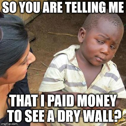 Third World Skeptical Kid Meme | SO YOU ARE TELLING ME THAT I PAID MONEY TO SEE A DRY WALL? | image tagged in memes,third world skeptical kid | made w/ Imgflip meme maker