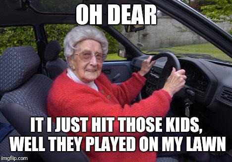 old lady driver | OH DEAR; IT I JUST HIT THOSE KIDS, WELL THEY PLAYED ON MY LAWN | image tagged in old lady driver | made w/ Imgflip meme maker