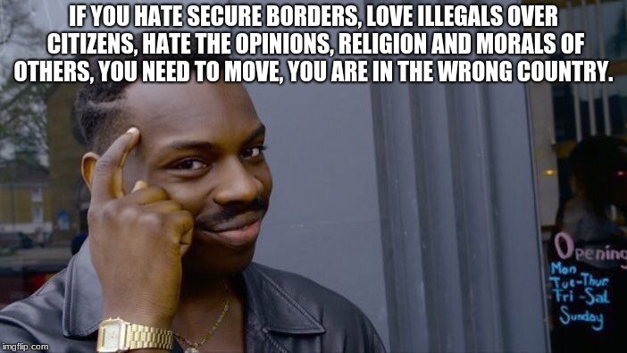 Roll Safe Think About It Meme | IF YOU HATE SECURE BORDERS, LOVE ILLEGALS OVER CITIZENS, HATE THE OPINIONS, RELIGION AND MORALS OF OTHERS, YOU NEED TO MOVE, YOU ARE IN THE WRONG COUNTRY. | image tagged in memes,roll safe think about it | made w/ Imgflip meme maker