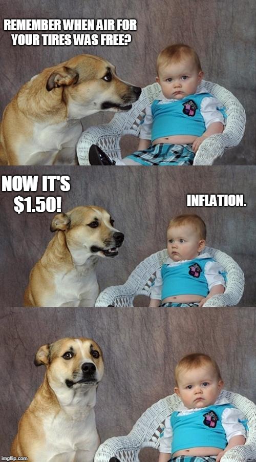 Dad Joke Dog Meme | REMEMBER WHEN AIR FOR YOUR TIRES WAS FREE? NOW IT'S $1.50! INFLATION. | image tagged in memes,dad joke dog | made w/ Imgflip meme maker