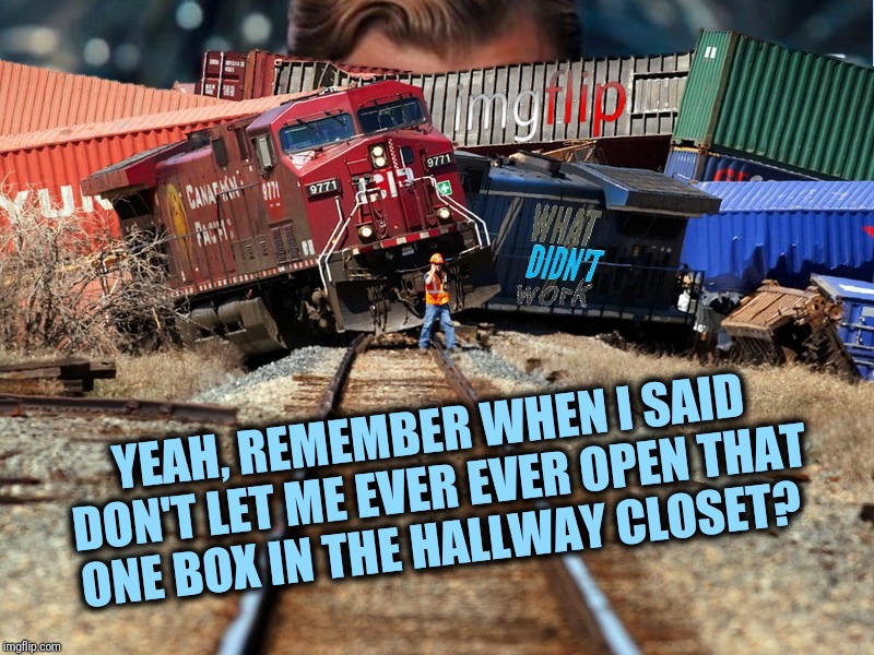 What didn't work imgflip trainwreck  | YEAH, REMEMBER WHEN I SAID DON'T LET ME EVER EVER OPEN THAT ONE BOX IN THE HALLWAY CLOSET? | image tagged in what didn't work imgflip trainwreck | made w/ Imgflip meme maker