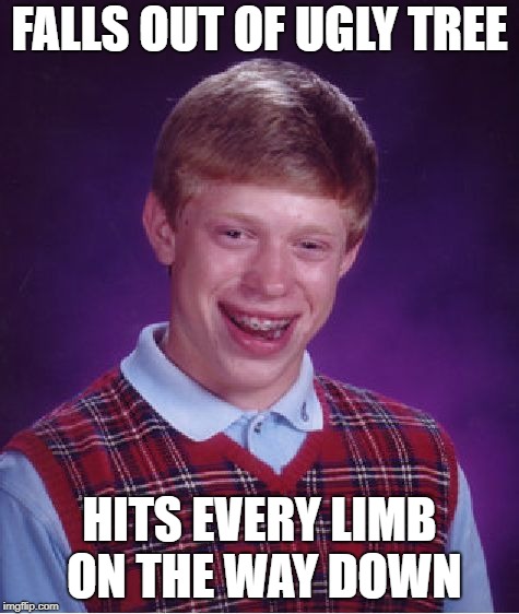 Bad Luck Brian Meme | FALLS OUT OF UGLY TREE HITS EVERY LIMB ON THE WAY DOWN | image tagged in memes,bad luck brian | made w/ Imgflip meme maker