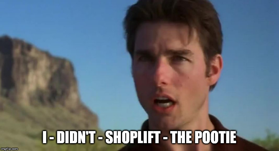 i didn't shoplift the pootie | I - DIDN'T - SHOPLIFT - THE POOTIE | image tagged in tom cruise | made w/ Imgflip meme maker