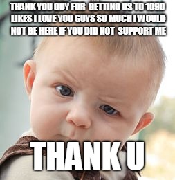 Skeptical Baby Meme | THANK YOU GUY FOR  GETTING US TO 1090 LIKES I LOVE YOU GUYS SO MUCH I WOULD NOT BE HERE IF YOU DID NOT  SUPPORT ME; THANK U | image tagged in memes,skeptical baby | made w/ Imgflip meme maker