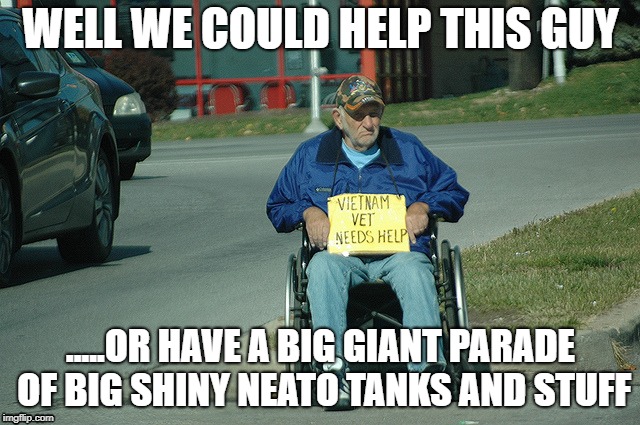 parade | WELL WE COULD HELP THIS GUY; .....OR HAVE A BIG GIANT PARADE OF BIG SHINY NEATO TANKS AND STUFF | image tagged in vets | made w/ Imgflip meme maker