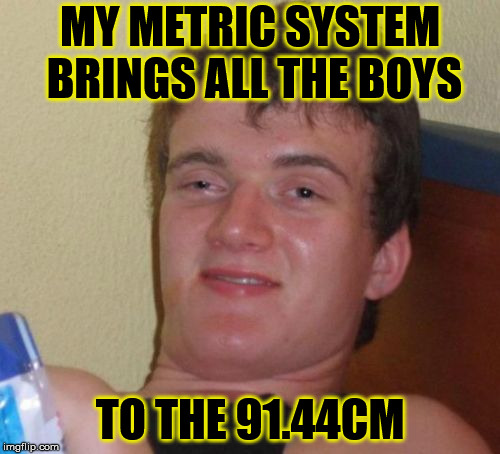 10 Guy tries the metric system | MY METRIC SYSTEM BRINGS ALL THE BOYS; TO THE 91.44CM | image tagged in memes,10 guy,metric,boys,yard,9144cm | made w/ Imgflip meme maker