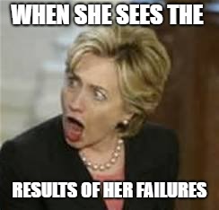 Hillary Clinton - Open mouth | WHEN SHE SEES THE; RESULTS OF HER FAILURES | image tagged in hillary clinton - open mouth | made w/ Imgflip meme maker
