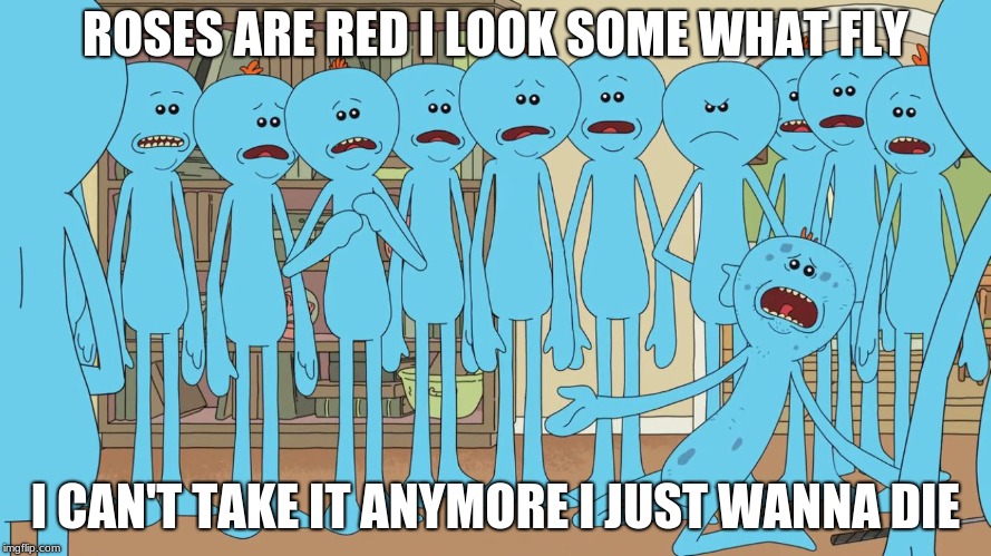 Me Writing a Poem | ROSES ARE RED I LOOK SOME WHAT FLY; I CAN'T TAKE IT ANYMORE I JUST WANNA DIE | image tagged in meeseeks 1 | made w/ Imgflip meme maker