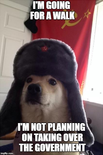 communist dog | I'M GOING FOR A WALK; I'M NOT PLANNING ON TAKING OVER THE GOVERNMENT | image tagged in communist dog | made w/ Imgflip meme maker