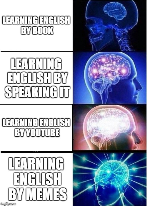 Expanding Brain | LEARNING ENGLISH BY BOOK; LEARNING ENGLISH BY SPEAKING IT; LEARNING ENGLISH BY YOUTUBE; LEARNING ENGLISH BY MEMES | image tagged in memes,expanding brain | made w/ Imgflip meme maker