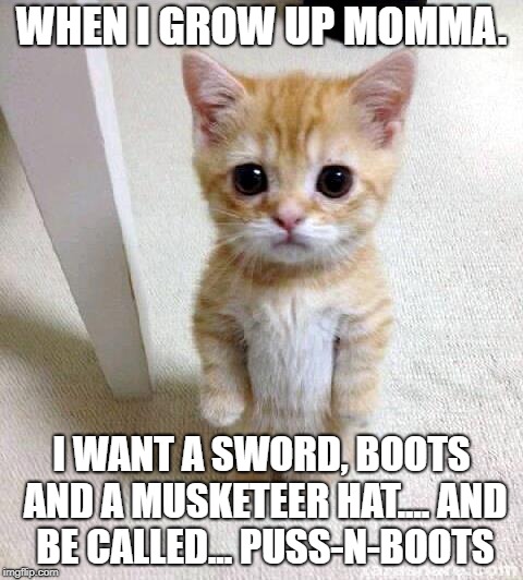 Cute Cat | WHEN I GROW UP MOMMA. I WANT A SWORD, BOOTS AND A MUSKETEER HAT.... AND BE CALLED... PUSS-N-BOOTS | image tagged in memes,cute cat | made w/ Imgflip meme maker