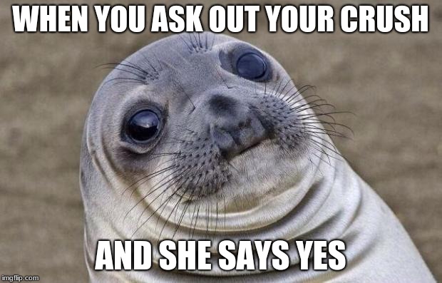 Awkward Seal | WHEN YOU ASK OUT YOUR CRUSH; AND SHE SAYS YES | image tagged in awkward seal | made w/ Imgflip meme maker