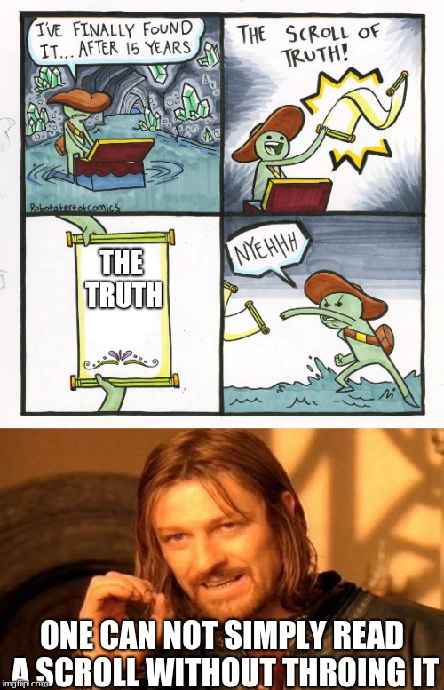 thruth | THE TRUTH; ONE CAN NOT SIMPLY READ A SCROLL WITHOUT THROING IT | image tagged in memes,the scroll of truth,one does not simply | made w/ Imgflip meme maker