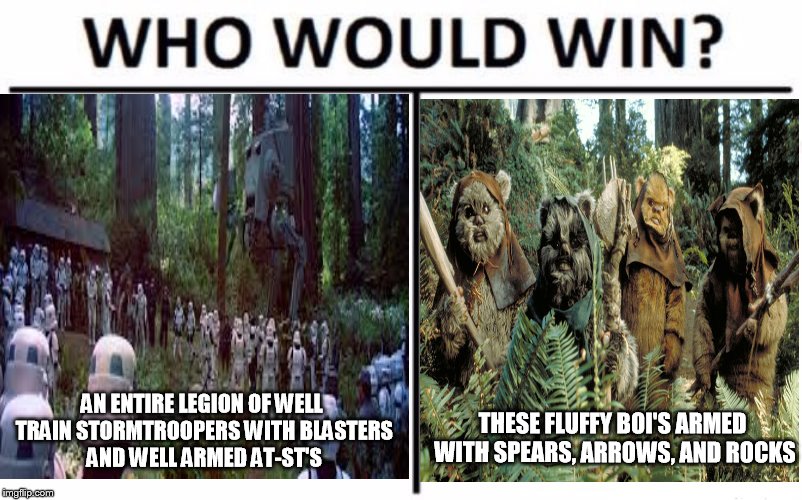 AN ENTIRE LEGION OF WELL TRAIN STORMTROOPERS WITH BLASTERS AND WELL ARMED AT-ST'S; THESE FLUFFY BOI'S ARMED WITH SPEARS, ARROWS, AND ROCKS | image tagged in memes,who would win | made w/ Imgflip meme maker
