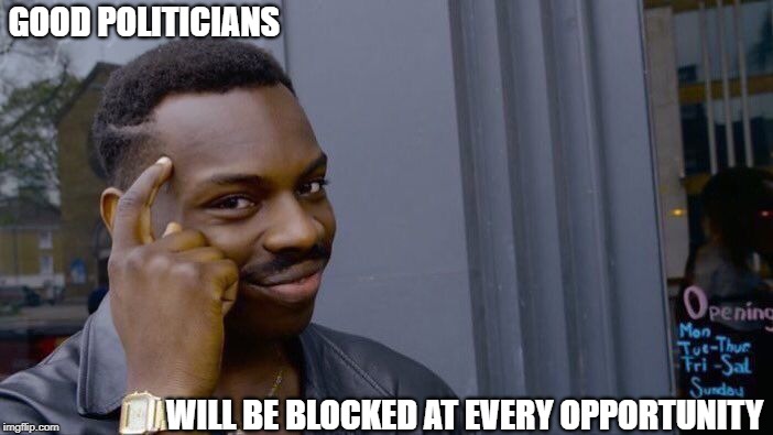 Good Politicians | GOOD POLITICIANS; WILL BE BLOCKED AT EVERY OPPORTUNITY | image tagged in memes,roll safe think about it | made w/ Imgflip meme maker
