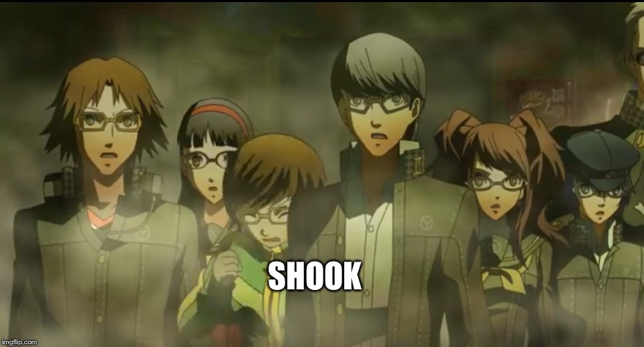 Persona 4 is shook | SHOOK | image tagged in persona 4,wtf,anime,why did i make this,i have no idea what i am doing | made w/ Imgflip meme maker