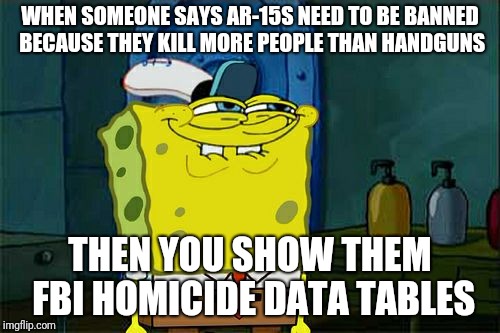 sponge bob gun control |  WHEN SOMEONE SAYS AR-15S NEED TO BE BANNED BECAUSE THEY KILL MORE PEOPLE THAN HANDGUNS; THEN YOU SHOW THEM FBI HOMICIDE DATA TABLES | image tagged in memes,dont you squidward | made w/ Imgflip meme maker