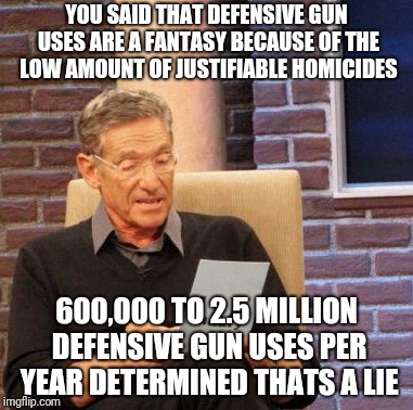 maury defensive gun uses | YOU SAID THAT DEFENSIVE GUN USES ARE A FANTASY BECAUSE OF THE LOW AMOUNT OF JUSTIFIABLE HOMICIDES; 600,000 TO 2.5 MILLION DEFENSIVE GUN USES PER YEAR DETERMINED THATS A LIE | image tagged in memes,maury lie detector | made w/ Imgflip meme maker