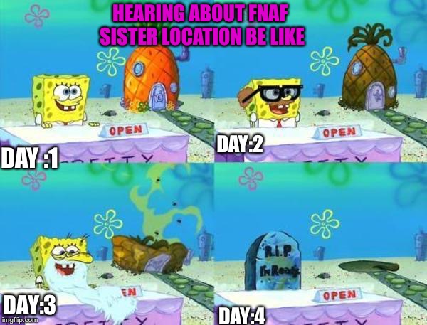 FNAF 6 COMING | HEARING ABOUT FNAF SISTER LOCATION BE LIKE; DAY:2; DAY :1; DAY:3; DAY:4 | image tagged in fnaf 6 coming | made w/ Imgflip meme maker