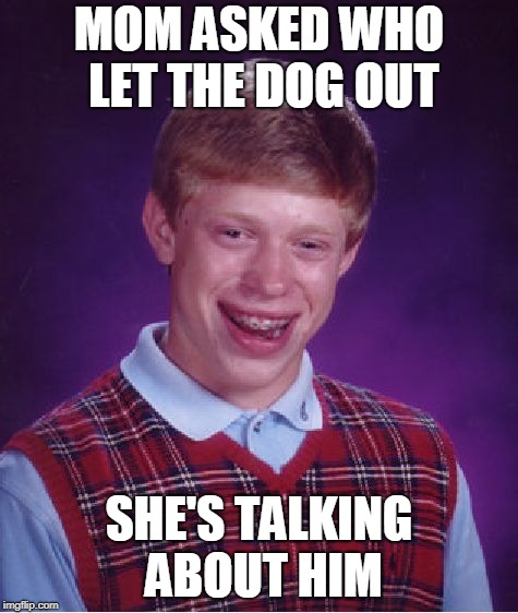 Bad Luck Brian Meme | MOM ASKED WHO LET THE DOG OUT SHE'S TALKING ABOUT HIM | image tagged in memes,bad luck brian | made w/ Imgflip meme maker