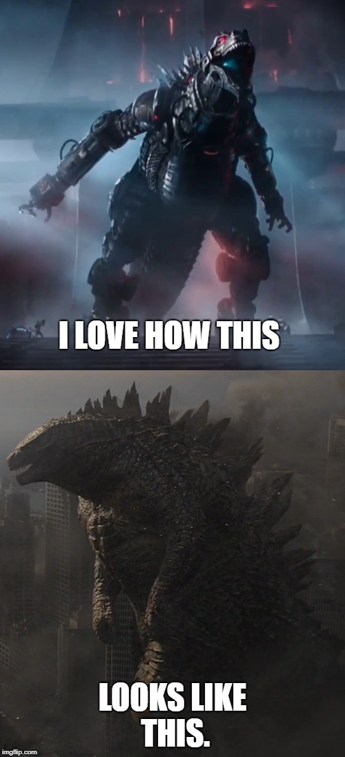 MechaGodzilla from Ready Player One does look like Godzilla 2014 | I LOVE HOW THIS; LOOKS LIKE THIS. | image tagged in memes | made w/ Imgflip meme maker