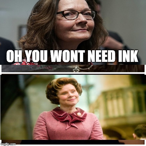  OH YOU WONT NEED INK | image tagged in gina haspel,dolores umbridge | made w/ Imgflip meme maker