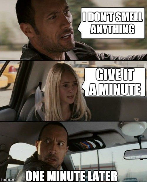The Rock Driving Meme | I DON'T SMELL ANYTHING GIVE IT A MINUTE ONE MINUTE LATER | image tagged in memes,the rock driving | made w/ Imgflip meme maker