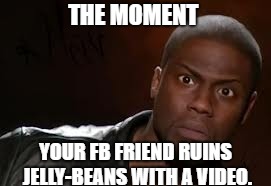 Kevin Hart Meme | THE MOMENT; YOUR FB FRIEND RUINS JELLY-BEANS WITH A VIDEO. | image tagged in memes,kevin hart the hell | made w/ Imgflip meme maker