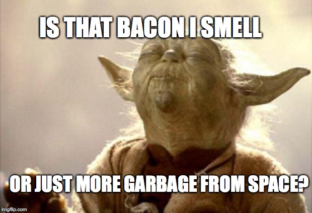 yoda smell | IS THAT BACON I SMELL; OR JUST MORE GARBAGE FROM SPACE? | image tagged in yoda smell | made w/ Imgflip meme maker