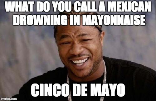 Yo Dawg Heard You | WHAT DO YOU CALL A MEXICAN DROWNING IN MAYONNAISE; CINCO DE MAYO | image tagged in memes,yo dawg heard you | made w/ Imgflip meme maker